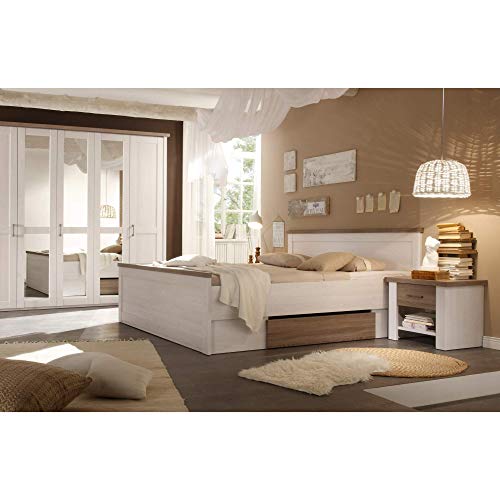 LUCA Stilvolle Bettanlage 180 x 200 cm mit 2x Nachtkommoden & 2x Bettkästen - Schlafzimmer Komplett-Set in Pinie Weiß / Trüffel - 186 x 91 x 205 cm (B/H/T) – Bild 4