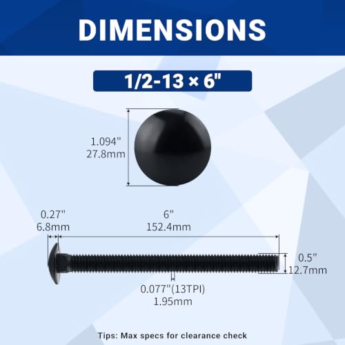 Image of 1 /2-13 x 6 Black Carriage Bolts with Nuts and Washers Kits (6 Sets), 304 Stainless Steel 18 /8, Black Finish, Round Head, Square Neck, Heavy Duty Bolts, Indoor Outdoor Fastening Bolts, Fayeploo