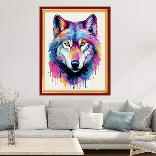 Image of Joyhoor Cross Stitch Kits for Beginners Stamped Cross-Stitch Supplies Needlework preprint Embroidery Kits for Adults DIY Needlepoint Kits Embroidery Patterns 11CT-Rainbow Wolf 16x20 inchs
