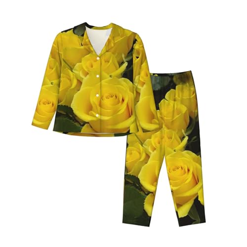 Pyjama imprimé roses jaunes pour femme ensemble à manches longues EdWal