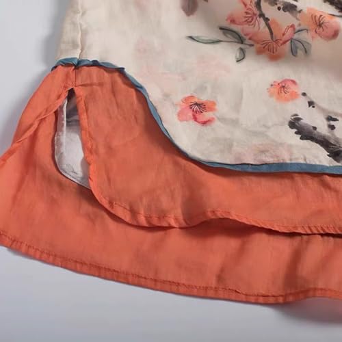 PRINCESS BRIDE Overseas Chinese Linen Hanfu Summer Loose 3/4 Sleeves Shirt Slanted Collar Button-Down Printed Top for Women3