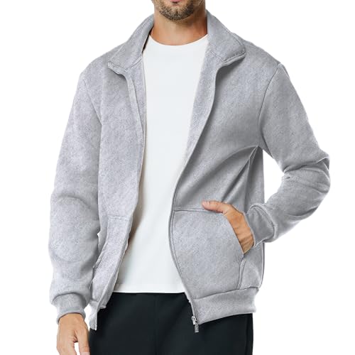 Menoio Mens Fleece Full Zip Up Sweatshirt Casual Lightweight Long Sleeve Mock Neck Jackets with Pocket(M Grey)
