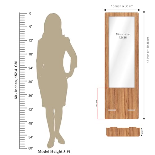 Image of Creative Arts n Frames Full Length Long Wall Mount HD Mirror with Shelf for Bedroom Bathroom Living Room Home Office Decor(15x47 inch Framed Mirror with Shelf Rectangular Natural Iqurel Oak Light)