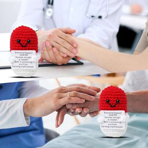 Image of Cute Red Pill Crochet,Positive Capsule Knitted with Inspirational Card,CNA Nurse Appreciation Keepsake for Doctors, Pharmacists, RN, LPN, Healthcare Heroes, Office Decor & Party Favor