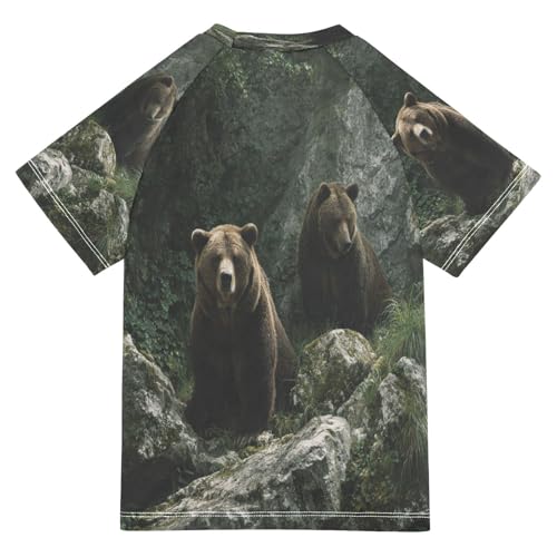 Boys Short Sleeve T-Shirts Real Brown Bear Cave Rashguard Kids Swim Shirts Sun UPF 50+2