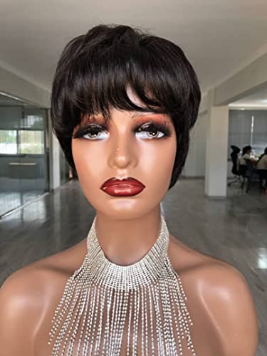 Real Human Hair Pixie Cut Wig For Black Women Brazilian Virgin Human Hair Wigs With Side Bangs None Lace Front Full Machine Wig Short Layered Pixie Wigs For Black Woman Black Wig