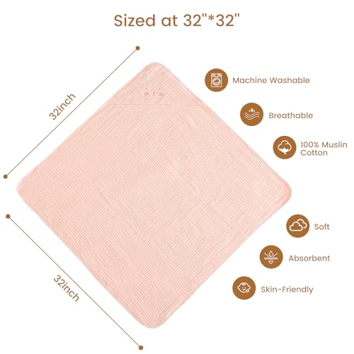 Image of david's kids 2 Pack Hooded Baby Towels, Large 32 inchx32 inch, 6 Layer 100% Muslin Cotton Highly Absorbent Girl Bath Towel for Newborn, Infant, Toddler, Soft and Breathable Baby Essentials, Floral & Butterfly