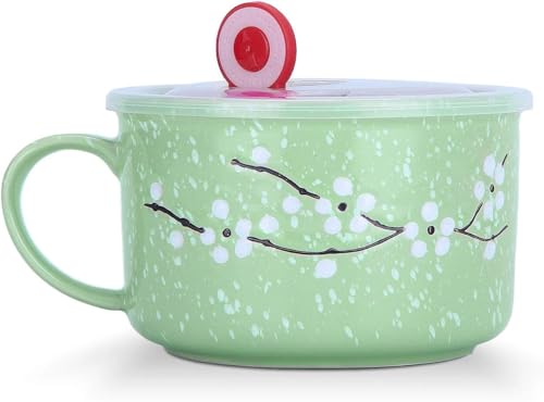 Biigming Tazza Grande in Ceramica con Coperchio e Manico tazza XXL 800ml per la Colazione Noodle Fiori di Ciliegio Tra la Neve per Insalata e Cereali (Verde)