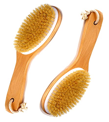 Natural Boar Bristle Body Brush Wooden Handle by Spa Destinations Dry Brush and Wet Brush 2 Pk Exfoliating Scrubber for Flawless Skin, Cellulite Treatment, Lymphatic and Blood Circulation