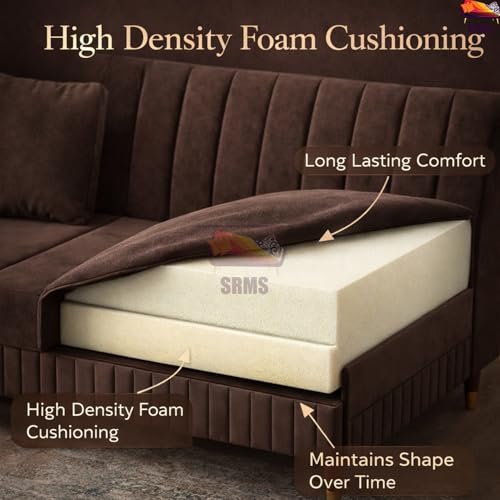 Image of SRMS Solid Wood 4 Seater L Shape Velvet Fabric Sofa Set with Four Cushions | Perfect for Home Office Guests Living Room | Sofa Set for living Room | 74 x 32 x 30 inches | Light Brown