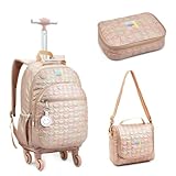 Mochila Escolar de Rodinhas Kit com Lancheira Térmica e Estojo, Feminina Juvenil, Material Metálico Holográfico (Rosa)