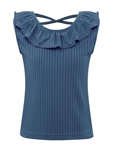 Kids Girls Cute Ruffle Ribbed Vest Sleeveless Cross Back Tank Top Summer Vacation Beach Casual Wear3