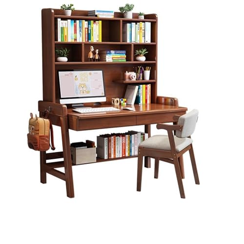 Escritorio，Mesa Escritorio，Mesa Escritorio con Cajones,Conjunto de Escritorio con Estantería de Madera Maciza con Silla para Oficina en Casa o Dormitorio Acabad