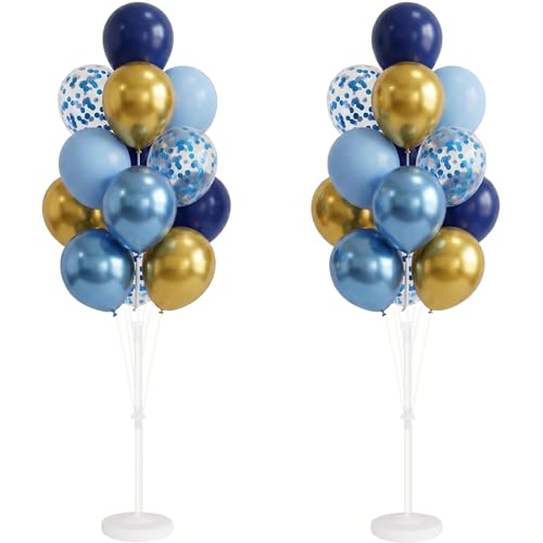 Image of Balloon Column Kit Set of 2, Anti-Tip Sand-Fill Base Balloon Tower Stand with 10 inch 26pc Blue Gold Confetti Balloons, Height Adjustable for Easter Birthday Wedding Bridal Party Decorations