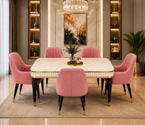Image of 4 Seater Dining Table Set with Nano Composite Marble Top, Solid Wood Base & 4 Upholstered Chairs, Modern Dining Table Set for Home & Dining Room Furniture (Pink, White Marble Top, 4 Seater)