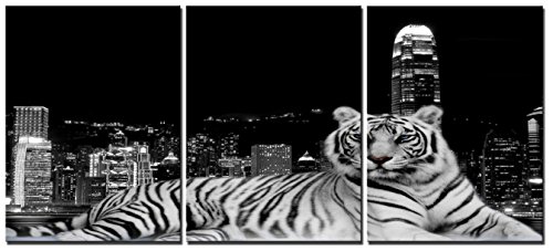 Natural art – Tiger and City Black and White Modern Giclee Artwork Animals Pictures Photograhs to Print on Canvas Wall Art for Wall Decorations
