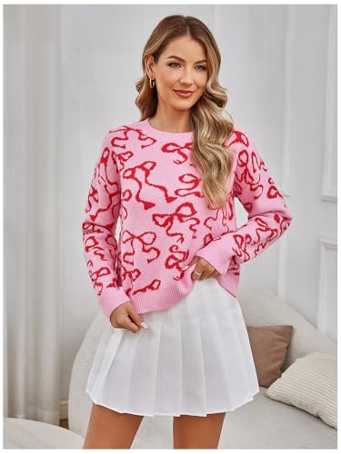 Image of RoseSeek Women's 3D Floral Appliques Crewneck Sweaters Long Sleeve Drop Shoulder Pullovers Elegant Knit Tops