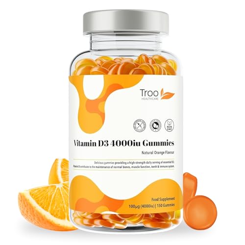 Troo Health Care Vitamin D3 4000iu - 150 Natural Orange Flavour Chewable Gummies - Five Months Supply - Non GMO Tasty Gummy Supplement to Support Immune Function and Help Maintain Bones and Teeth