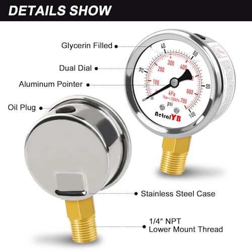 0-100 psi 2-inch pressure gauge glycerin filled 1434 npt lower mount stainless steel pool sand filter pressure gauge waterproof for water pump air compressor well tank rv regulator