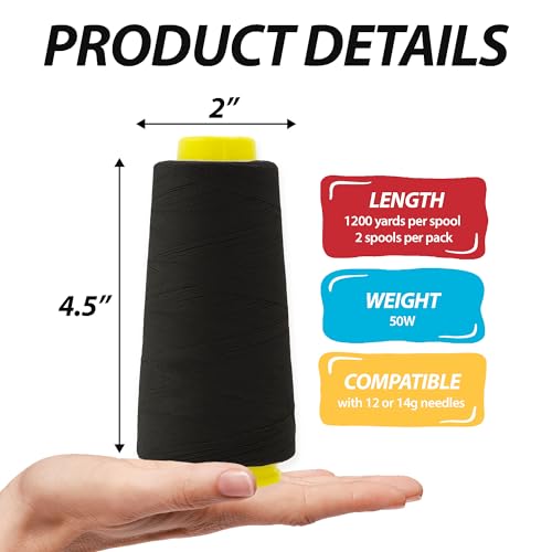 Image of Mandala Crafts Black Mercerized Cotton Thread Cones, Sewing Quilting | 2400 Yds 50 WT, 100% Long Staple Cotton, Multipurpose, for Embroidery, Piecing, Sergers, Applique, Machine and Hand Sewing