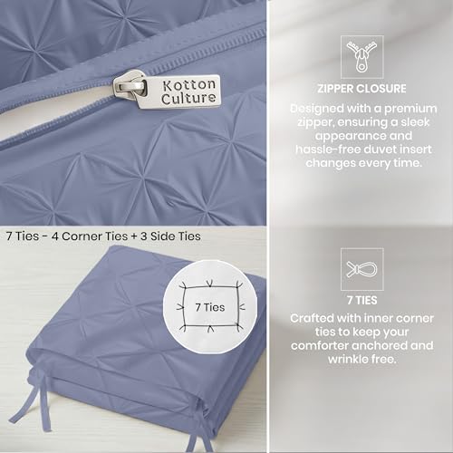 Kotton Culture 3 Pc California King Size Pinch Pleated - Pintuck Duvet Cover Set - 100% Egyptian Cotton 600 TC Decorative -Zipper Closure & 7 Internal Ties (Mediterranean Blue, 104" X 98") by Kotton Culture - Used condition - Image 4