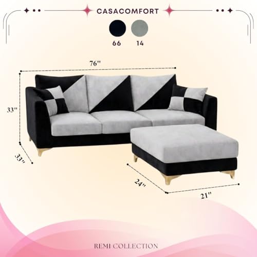 Image of Juliet 4 Seater L Shape Sofa Set with Movable Ottomans | Flexible Layout | Rich Velvet Suede Fabric | Silver Legs | Dual Tone Modern Sofa for Living Room (Black-Light Grey)
