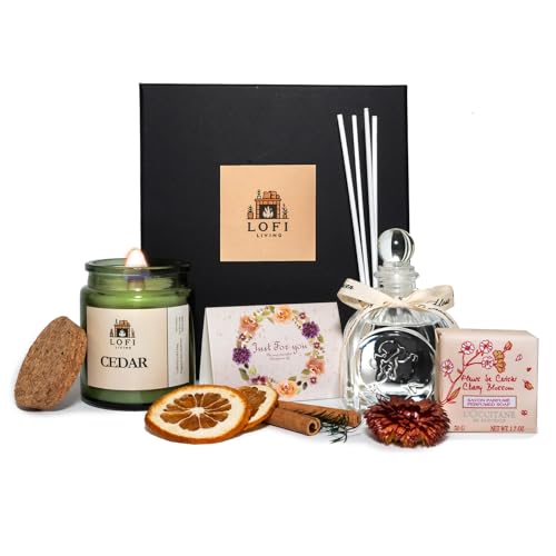 Lofi Living Aromatherapy Set – Cedar Scented Candle, Wood Wick, Scented Reed Diffuser, Luxury Soap, Gift Set for Relaxation, Stress Relief, Home Spa, 100% Soy Wax Candle