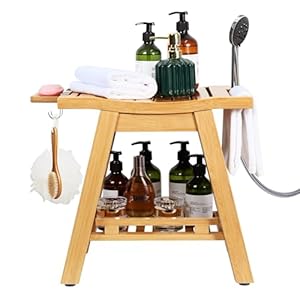Ollieroo Two-Tier Bamboo Shower Chair for Inside Shower, Waterproof Baby Bath Seat with Storage Shelf, Soap Dish and Shower Head Holder, Shower Stool for Seniors Adults Disabled Pregnant(Natual)