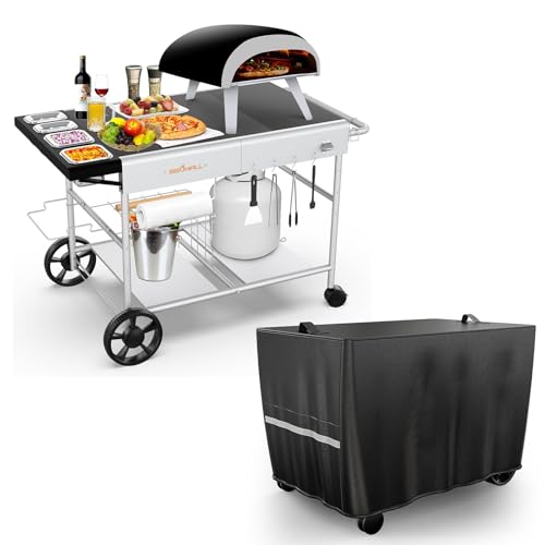 Pizza Oven Cart Table and Table Cover for Ooni Koda/Karu/Fyra 16 & 12 with Pizza Topping Station, Movable Food and Prep Workcart, Outdoor Grill Stand for Ninja Woodfire