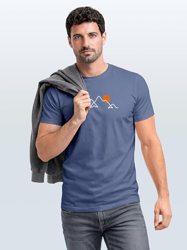 Neverless® Herren T-Shirt Frontprint Line-Art Berge Wandern Natur Outdoor Fashion Streetstyle Denim-Blue M