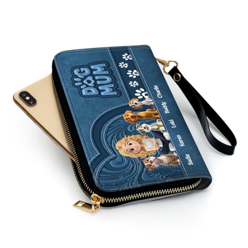 Chibi Cartoon Dog Mom Personalized Leather Wallet – Custom PU Leather Long Wallet with Wrist Strap – Dog Lover Gifts for Women, Mom, Daughter (Dog Mom, 2 Pets)