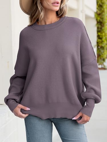 Image of ANRABESS Women Oversized Sweaters Batwing Long Sleeve 2026 Fall Outfits Crewneck Casual Knit Side Slit Fashion Pullover Top