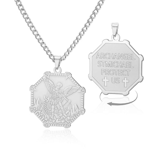 VASSAGO Collar con colgante en forma de arcángel San Miguel, en acero inoxidable, amuleto, medalla, joya para protección y oración, Ajustable, Acero inoxidable, No es una piedra preciosa