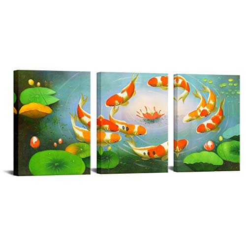 Fish Canvas Wall Art Koi in Lotus Pond Artwork Chinese Painting for Living Room Bedroom Bathroom Wall Decor Stretched and Framed Ready to Hang Each Panel 12x16