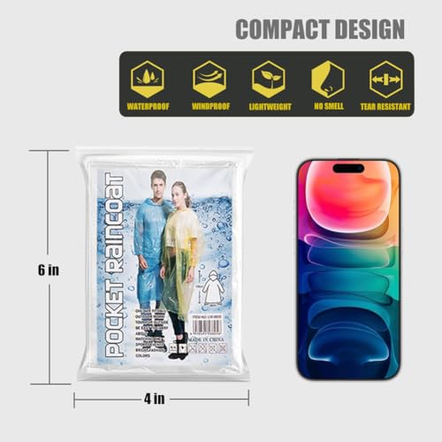 Disposable Rain Ponchos for Adults, Emergency Rain Coat with Drawstring Hooded Rain Jacket Family Pack, Clear2