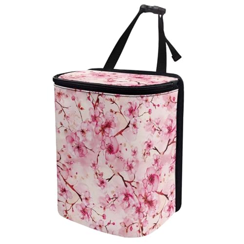 Image of KEIAHUAN Pink Cherry Blossom Car Trash Can Bin for Back Seat with Lid Cute Trash Bag Hanging Removable Storage Bag Large Capacity Car Interior Accessories