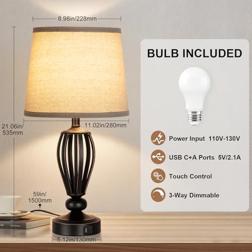 USB Bedside Lamp, 3-Way Dimmable Touch Table Lamp with USB C+A Charging Ports Industrial Table Lamp Black Metal Base Farmhouse Reading Lamp for Bedroom, Living Room, Office or Study LED Bulb Included