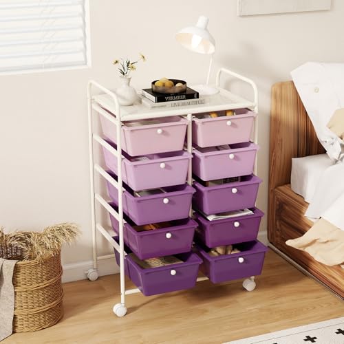 Image of LDAILY 10 Drawer Rolling Cart, Storage Cart Organizer on Wheels, Drawer Cart with Metal Frame & Large Storage Capacity, Rolling Cart with Drawers for Living Room Classroom, Office