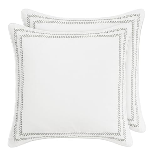 Image of Laura Ashley - Euro Shams, 100% Smooth Cotton with Envelope Closure, Throw Pillow Cover for Bed or Couch, Oeko-Tex Certified, Set of 2 (Stitched Vine Leaf Grey, 26 inch x 26 inch)