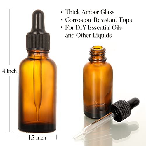 AOZITA 4 Pack, 1 oz Thick Dark Amber Glass Dropper Bottles with 1 Funnels & 4 Labels - 30ml Tincture Bottles with Eye Dropper - Leakproof Essential Oils Bottle - Storage and Travel for Beauty or Health