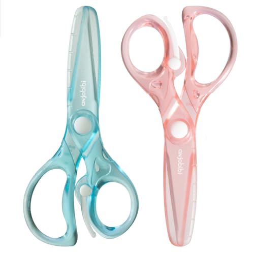 ANJOBIBI Starter Scissors for Kids(2 Pack) Pre-School Training Scissors with Easy Grip Anti-Pinch Design for Childrens Paper Cutting Ideal for Art Craft Toddler Preschool (Blue+Pine)