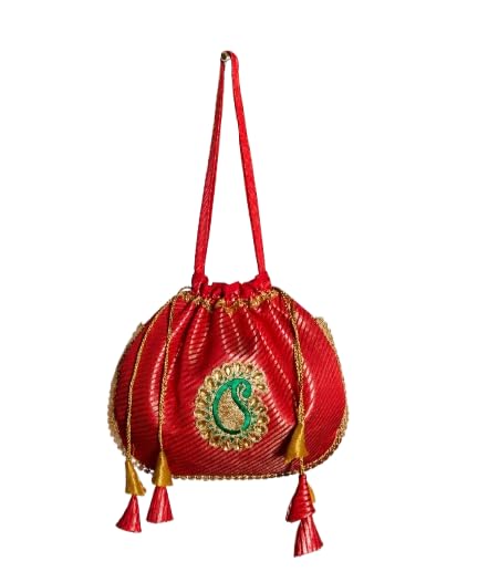 Veena creations Red Potli Bag with Gold Embroidery, Paisley Motif, Tassel Detail, Drawstring Closure, Inner Zip Pocket-image-35