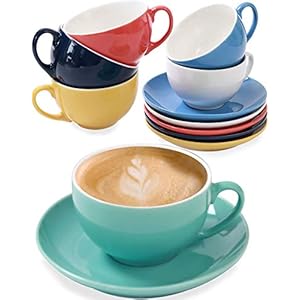 Cosumy Set van 6 Cappuccino kopjes met schotels – Kleurrijk Keramiek – Geschenkverpakking – Houdt Warm – 180ml