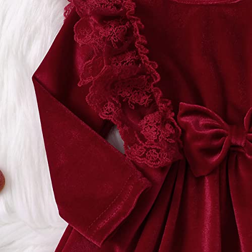 Toddler Baby Girls Vintage Ruffle Velvet Dress Fall Winter Outfit Kids Solid Long Sleeve Casual Princess A-Line Dress With Headband For Baby Christmas Party Wedding Evening Gown Holiday Outfits 2Pcs #TOP2