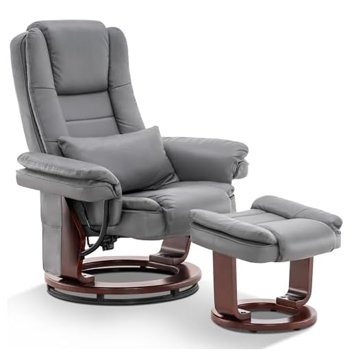 MCombo Recliner with Ottoman Chair Accent Recliner Chair with Vibration Massage, Removable Lumbar Pillow, 360 Degree Swivel Wood Base, Faux Leather 9096 (Grey)
