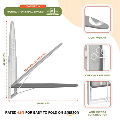 Xabitat Wall Mounted Ironing Board | 36.2" X 12.2" Compact Mount Fold Down Iron Board For Small Spaces | Space Saving With Cotton Fabric Cover | White And Grey #TOP3