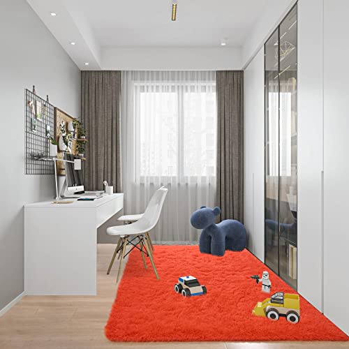 Zareas Fluffy Rug For Bedroom, Super Soft Shaggy Rugs Carpets 3X5 Feet Red Orange Modern Area Rugs For Living Room, Small Throw Rug For Playroom Dorm, Bedside Rug For Teen Room Decor, Non-Slip #TOP6