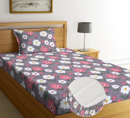 Image of NHD HOME Pure Cotton Elastic Fitted Bedsheets with 1 King Size Pillow Covers | Single Mattress Bed with All Around Elastic 210tc Supersoft | Size - 72 x 36 +6 inches | Floral Pink Grey