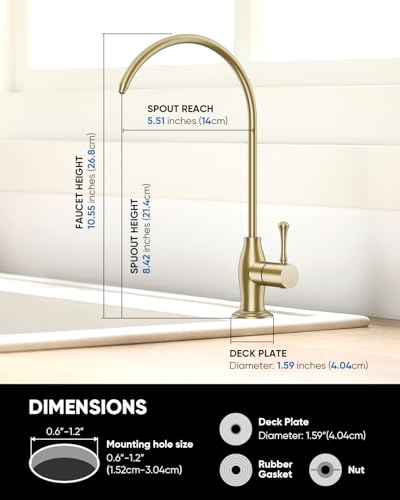 Image of WEWE Vintage Drinking Water Faucet, Lead-Free Stainless Steel Kitchen Water Filter Faucet for Reverse Osmosis System, Non-Air Gap RO Beverage Faucet, Gold