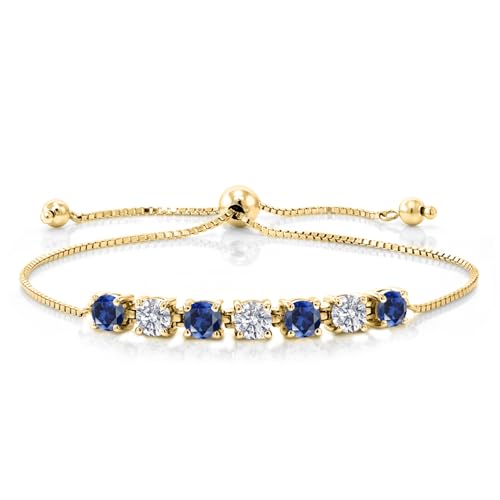 Gem Stone King 7-Stone Tennis Bracelet For Women | Gemstone Birthstone and White Lab Grown Diamond | 18K Yellow Gold Plated Silver | Round 4.5MM | Adjustable Bolo Bracelet For Women